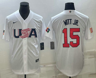 Mens USA Baseball #15 Bobby Witt Jr Number 2023 White World Baseball Classic Replica Stitched Jersey2